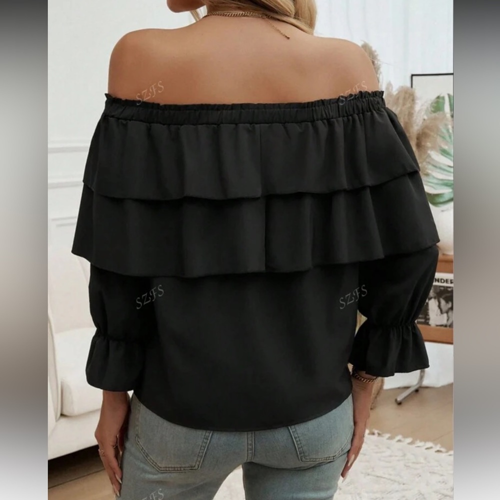 Stylish Black Ruffle Off-Shoulder Blouse - Picture 2 of 5